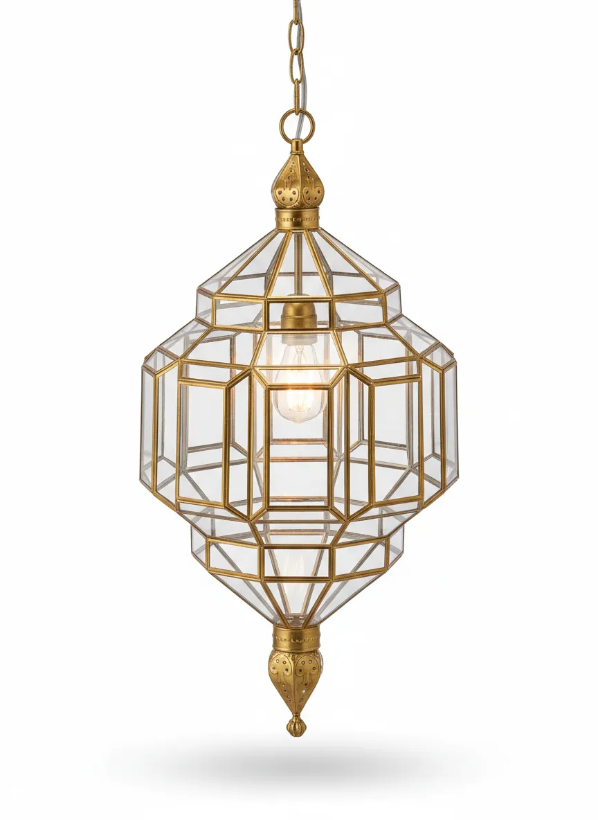 Farol Alhambra 2114, lámpara granadina artesanal de Hijos de Estévez, acabado dorado, vidrio transparente