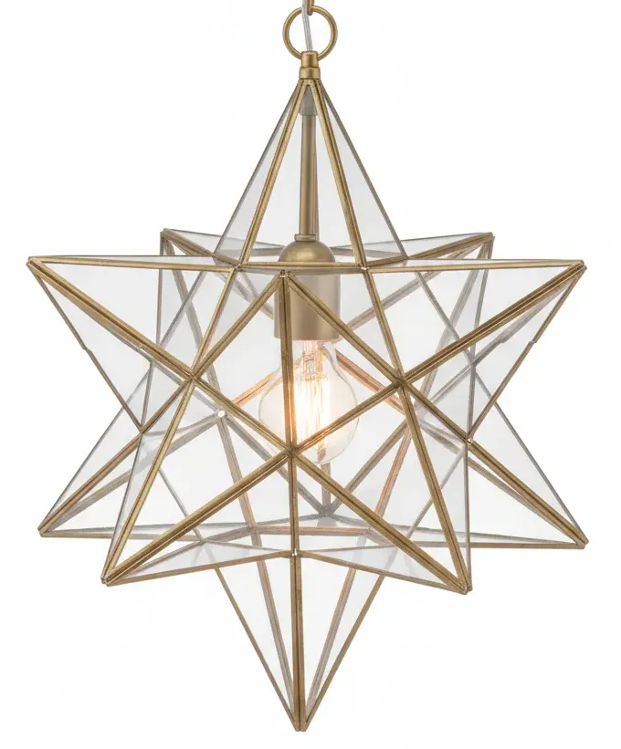 Farol Estrella 2124, lámpara granadina artesanal de Hijos de Estévez, acabado dorado, vidrio transparente