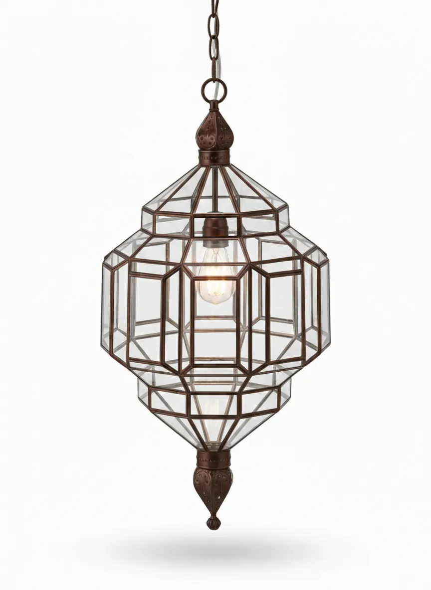 Farol Alhambra 2114, lámpara granadina artesanal de Hijos de Estévez, acabado tabaco, vidrio transparente