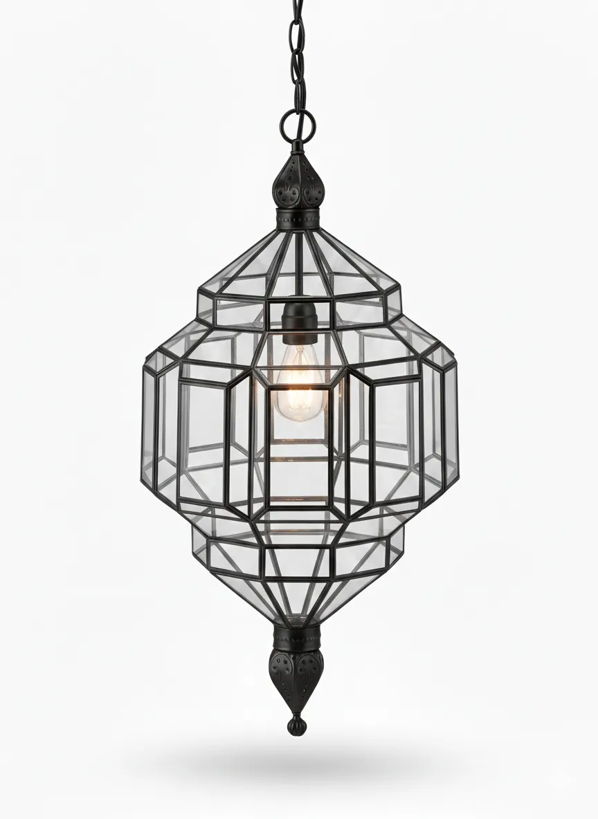 Farol Alhambra 2114, lámpara granadina artesanal de Hijos de Estévez, acabado negro, vidrio transparente
