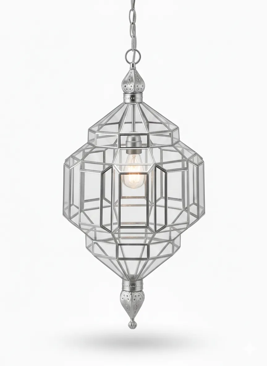 Farol Alhambra 2114, lámpara granadina artesanal de Hijos de Estévez, acabado plata, vidrio transparente