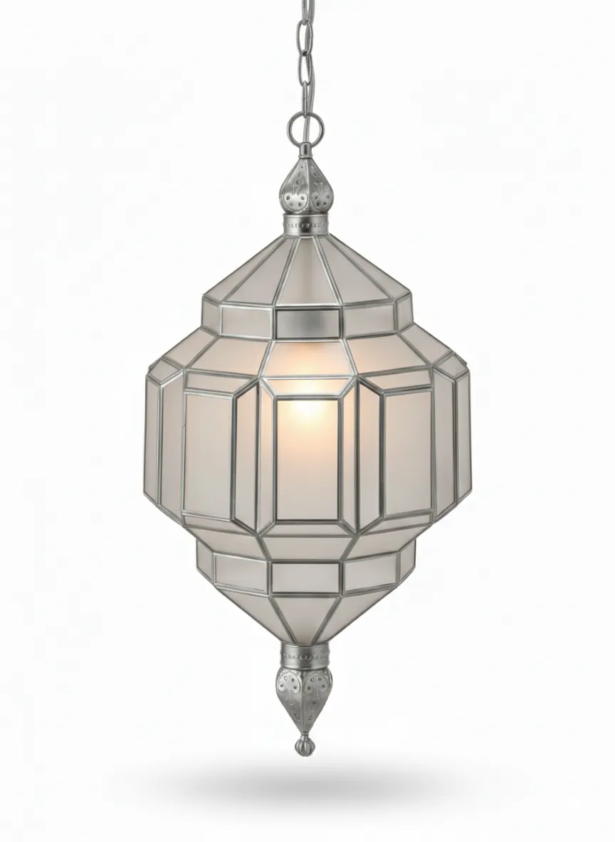 Farol Alhambra 2114, lámpara granadina artesanal de Hijos de Estévez, acabado plata, vidrio mate